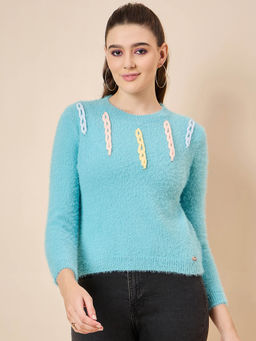 KASMA - Blue Solid Pullover Sweater