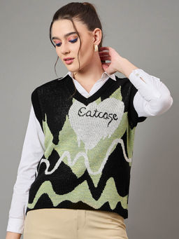 KASMA - Green & Black Printed Pullover Sweater