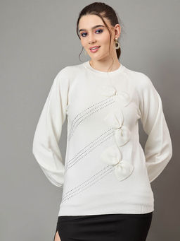 KASMA - White Self Design Pullover Sweater