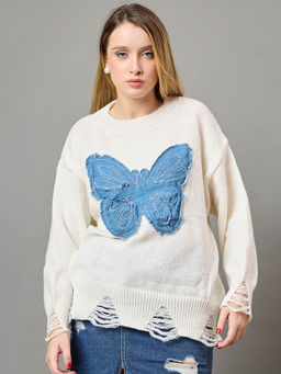KASMA - White Embroidered Pullover Sweater