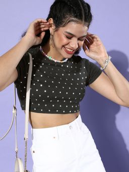 KASSUALLY - Charcoal Striped Cropped T-Shirts