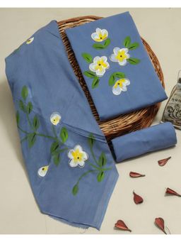 MANN MANI - Sea Blue Cotton Handpainted Cotton 3 Piece Suit Set (Unstitched)