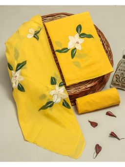 MANN MANI - Lemon Yellow Cotton Handpainted Cotton 3 Piece Suit Set (Unstitched)