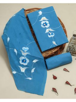 MANN MANI - Blue Cotton Handpainted Cotton 3 Piece Suit Set (Unstitched)