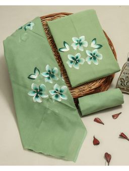 MANN MANI - Pista Green Cotton Handpainted Cotton 3 Piece Suit Set (Unstitched)
