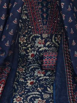 Kami Kubi - Blue Unstitched Block Printed Suit Set Paired with Dupatta.