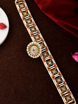 Silvermerc Designs - Gold Plated Red Green Kundan Pearl Studded Meenakari Matha Patti