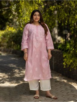 Gharana India - Sahiba Chikankari Light Pink Cotton Bakhiya Work Kurta with Slip