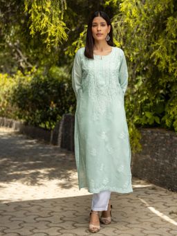 Gharana India - Sahiba Chikankari Pastel Green Cotton Bakhiya Work Kurta with Slip