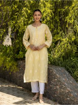 Gharana India - Sahiba Chikankari Pastel Yellow Cotton Bakhiya Work Kurta with Slip