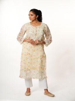 Gharana India - Women Floral Printed Chikankari Georgette Kurta