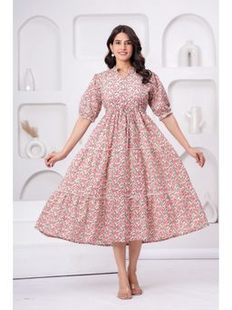 JAIMINI - Women Cotton Printed Mandarin Nack Flared Dress
