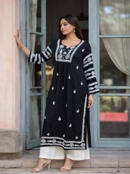 Gharana India - Ishq Chikankari Black Nyra Cut Modal Kurta