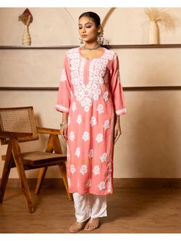 Gharana India - Pink Embroidered Thread Work Round Neck Straight Kurta