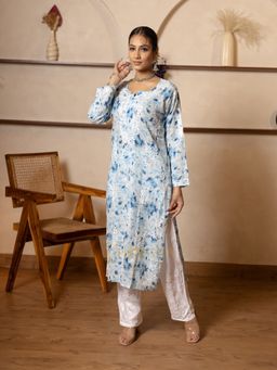 Gharana India - Cotton Floral Embroidered Chikankari Round Neck Straight Kurta