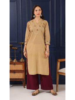 Gharana India - Mul Cotton Chikankari Embroidered V-Neck Straight Kurta