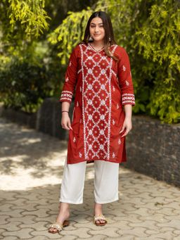 Gharana India - Mul Cotton V Neck Maroon Intricate Embroidery Chikankari Kurta