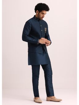 KALKI FASHION - Blue Raw Handwork Silk Nehru Jacket With Kurta & Pant