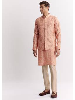 KALKI FASHION - Peach Silk Sequins Moti Detailing Nehru Jacket With Kurta & Pant