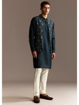 KALKI FASHION - Blue Embroidered Kurta With Jacket & Pant