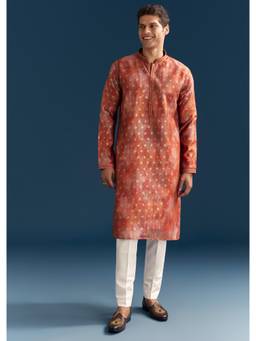 KALKI FASHION - Orange Silk Foil Butti Embroidery Kurta & Pant