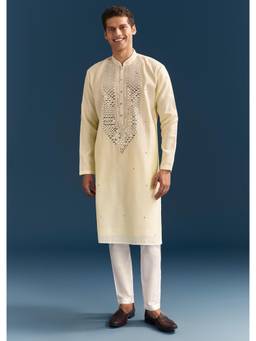 KALKI FASHION - Yellow Silk Mirror Embroidered Kurta & Pant