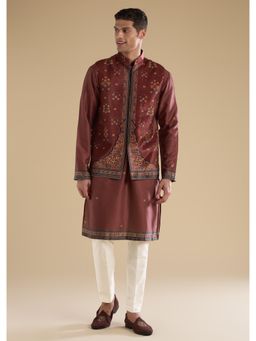 KALKI FASHION - Maroon Velvet Kurta With Nehru Jacket & Pant