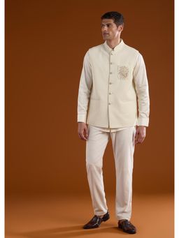 KALKI FASHION - Off-White Embroidered Silk Nehru Jacket With Shirt & Pant