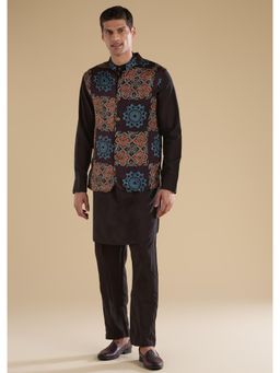 KALKI FASHION - Black Ajrakh Printed Kurta With Nehru Jacket & Pant