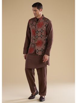 KALKI FASHION - Rust Ajrakh Printed Kurta With Nehru Jacket & Pant