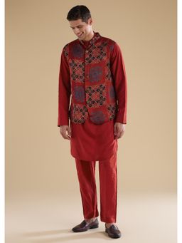 KALKI FASHION - Red Ajrakh Printed Kurta With Nehru Jacket & Pant