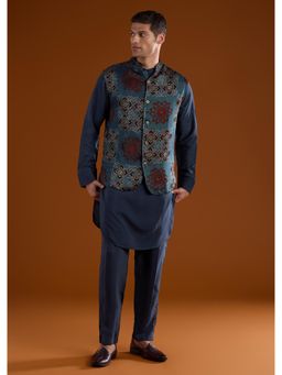 KALKI FASHION - Blue Modal Handblock Ajrakh Kurta With Nehru Jacket & Pant