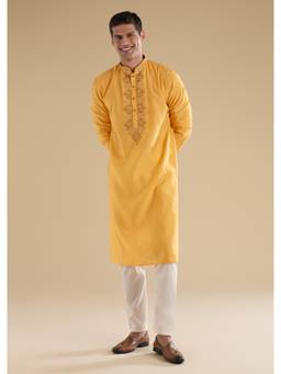 KALKI FASHION - Yellow Embroidered Silk Kurta With Pyjama