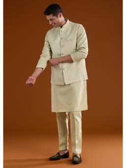 KALKI FASHION - Green Embroidered Silk Kurta With Nehru Jacket & Pant