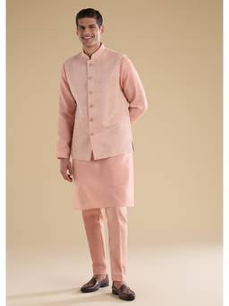 KALKI FASHION - Peach Embroidered Silk Kurta With Nehru Jacket & Pant