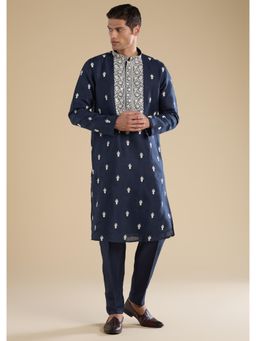 KALKI FASHION - Navy Blue Silk Thread Resham Mirror Work Kurta & Pant