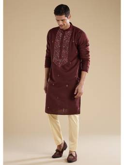 KALKI FASHION - Wine Full Sleeves Kurta With Pyjama