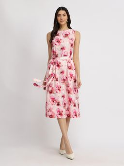 FableStreet - Floral Midi Dress with Belt - Pink