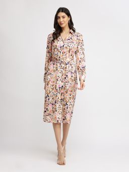 FableStreet - Satin Floral Button Down Dress with Belt - Multi-Color