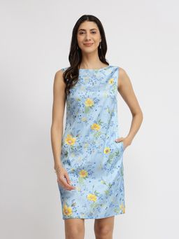 FableStreet - Satin Floral Shift Dress - Blue