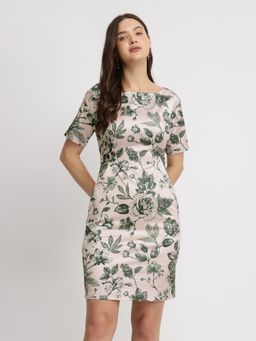 FableStreet - Satin Floral Shift Dress - Green