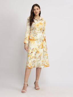 FableStreet - Floral Shirt Dress with Belt - Yellow