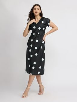 FableStreet - Satin Polka Dot Dress - Black