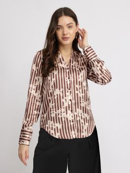 FableStreet - Satin Striped Floral Shirt - Brown