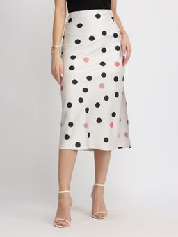 FableStreet - Satin Polka Dot A-Line Skirt - White