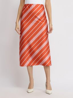 FableStreet - Satin Striped A-Line Skirt - Orange