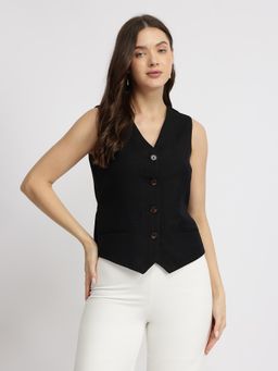 FableStreet - Linen Waistcoat Top - Black