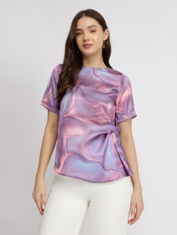 FableStreet - Satin Marble Print Top - Lavender