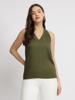 FableStreet - Cotton Halter Neck Top - Olive