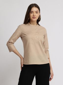 FableStreet - Cotton Mandrin Collar Top - Beige